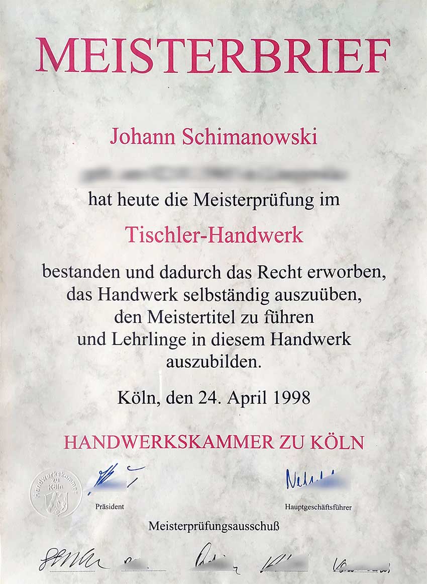 Meisterbetrieb. Tischlermeister Johann Schimanowski